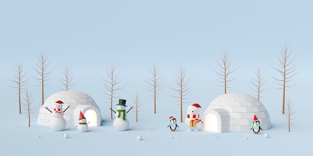 Bannière de Noël de bonhomme de neige et ami avec igloo