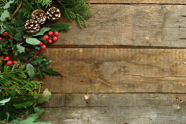 Bannière de Noël Décoration de Noël sur l'espace de copie de fond en bois