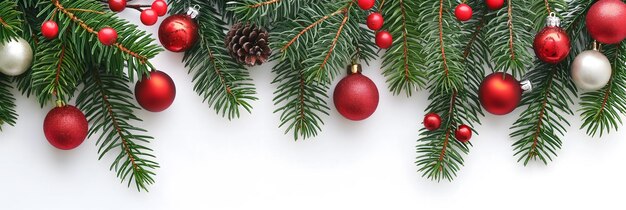 Une bannière de Noël festive avec des branches de pin et des décorations de Noël