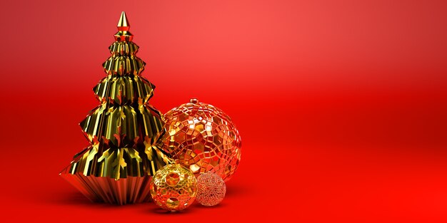 Bannière de Noël Fond de Noël avec sapin de Noël et boules Illustration 3d réaliste