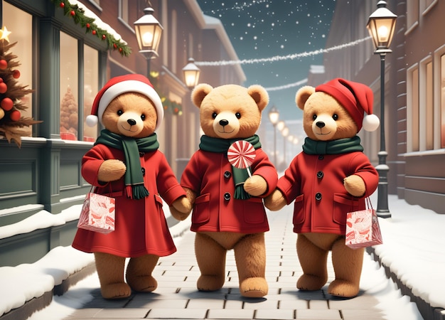 Bannière de Noël de style rétro avec des ours en peluche portant un sac d'achat le long de la rue du soir