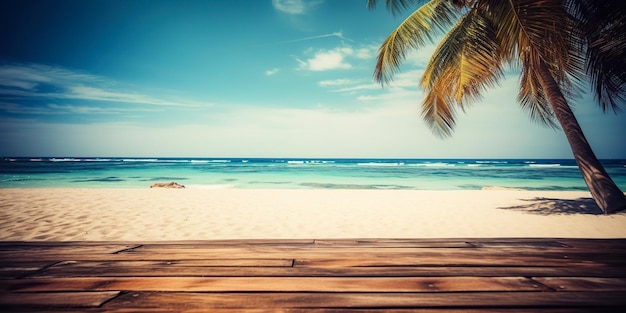 Photo bannière palmier été tropical conception plage sur fond table bois