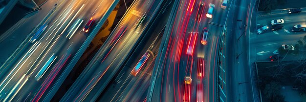 Photo bannière panoramique de l'autoroute avec des voitures la nuit d'en haut