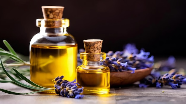 Bannière panoramique ou en-tête de lavande violette fraîche avec flacons d'huile essentielle pour l'aromathérapie