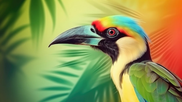 Bannière de papier peint tropical avec toucan exotique sur fond vif AI générative