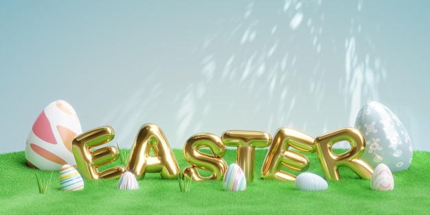 Bannière de Pâques 3d avec de beaux oeufs peints sur fond d'herbe printemps Pâques