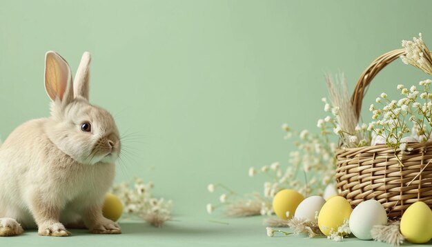 La bannière de Pâques sur fond clair à gauche se trouve un lapin beige à droite un panier en osier avec des œufs