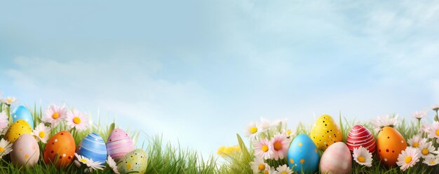 Bannière de Pâques avec des œufs colorés, de l'herbe et des fleurs avec un espace de copie vide
