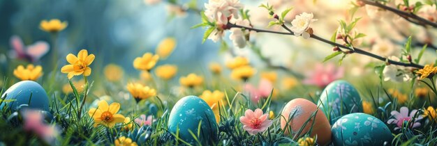 Photo bannière de pâques avec des œufs décorés sur un fond en fleurs