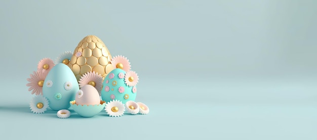 Photo bannière de pâques avec des oeufs et des fleurs 3d