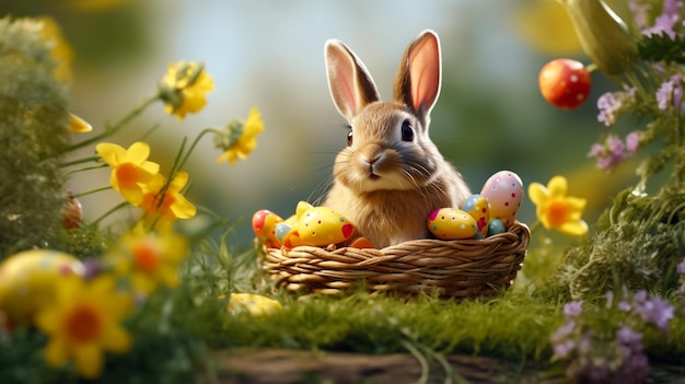 Bannière de Pâques avec des œufs de Pâques et un lapin de Pâques