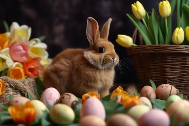 Bannière de Pâques avec des œufs de Pâques et un lapin de Pâques