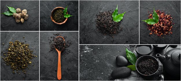 Bannière photo Collage photo de thé sec dans des cuillères Sur un fond de pierre noire