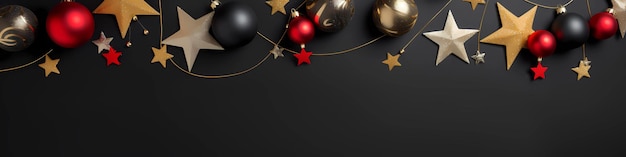bannière plate de jouets de Noël et d'étoiles sur fond noir générée par AI