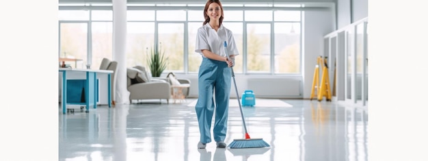 Bannière portrait de femme plus propre avec une vadrouille dans un bureau uniforme et un concept de services de nettoyage à domicile