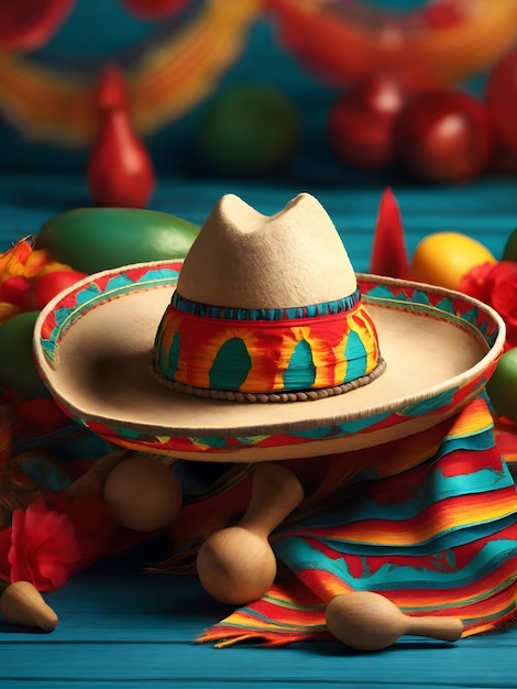 Bannière pour le joyeux jour de l'indépendance mexicaine avec chapeau sombrero et maracas