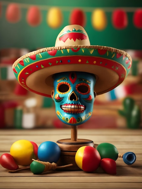 Bannière pour le joyeux jour de l'indépendance mexicaine avec chapeau sombrero et maracas