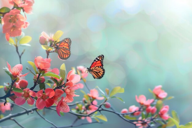 Bannière de printemps avec des fleurs de quince japonaise et des papillons monarques