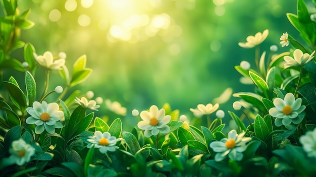 bannière de printemps d'herbe verte fraîche et de fleurs dans la nature espace d'arrière-plan flou pour le texte