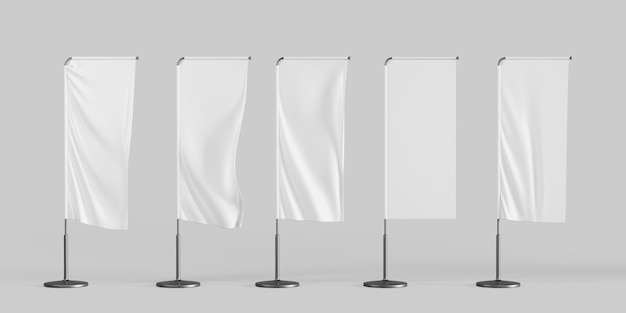 Photo bannière publicitaire blanche 3d modèle de drapeau rendu de tissu vertical isolé affiches promotionnelles textiles agitant sur un poteau drapeaux en toile rectangle vide suspendus sur un cadre métallique et un support illustration 3d