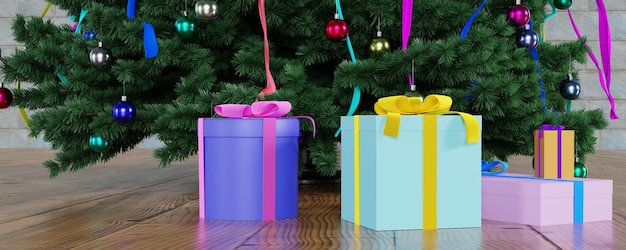 bannière quatre cadeaux sur le fond de l'arbre de Noël 3d