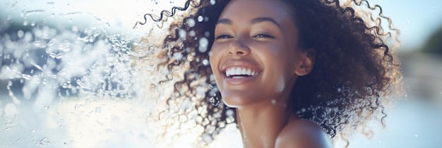 Bannière Radiant femme afro-américaine cheveux bouclés bénéficiant d'éclaboussures d'eau rafraîchissantes au soleil