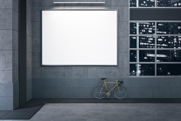 Bannière rectangulaire blanche vierge sur des bâtiments en brique avec réflexion de la ville de nuit sur la fenêtre et le vélo Maquette de rendu 3D