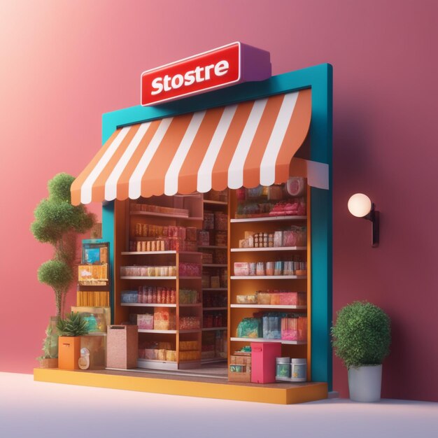 Photo bannière de rendu 3d mini store concept d'achat en ligne en arrière-plan coloré