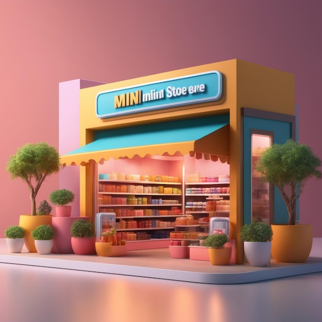 Photo bannière de rendu 3d mini store concept d'achat en ligne en arrière-plan coloré