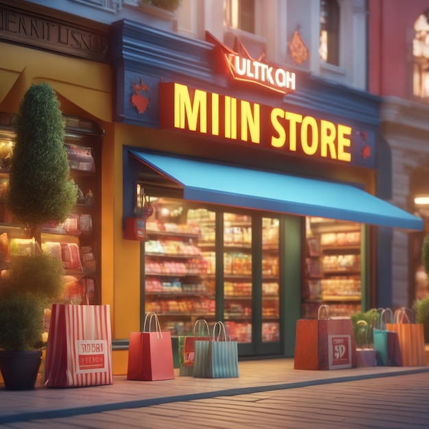 Bannière de rendu 3D Mini Store Concept d'achat en ligne en arrière-plan coloré