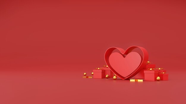 Bannière de la Saint-Valentin heureuse. coeur, cadeau et boîte sur fond rouge. espace pour le texte. Illustration 3D