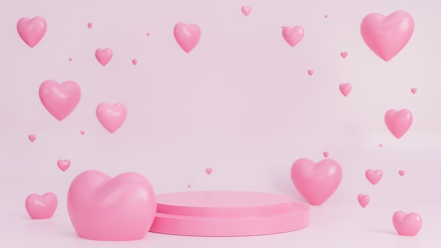 Bannière de la Saint-Valentin heureuse avec de nombreux objets 3d coeurs et podium pour la présentation du produit sur fond rose., Modèle 3d et illustration.