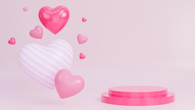 Bannière de la Saint-Valentin heureuse avec de nombreux objets 3d coeurs et podium pour la présentation du produit sur fond rose., Modèle 3d et illustration.