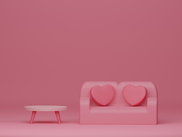 Bannière de la Saint-Valentin avec des meubles rétro sur fond rose. Rendu 3D.