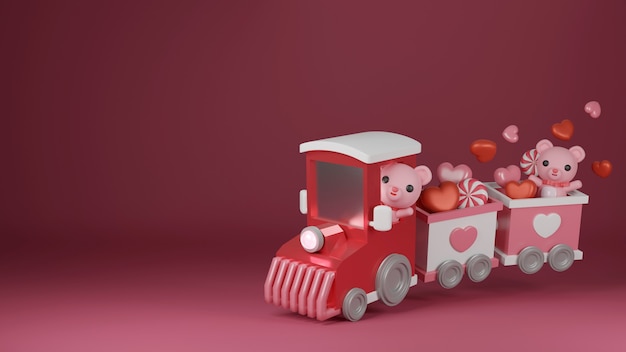 Bannière de la Saint-Valentin avec des ours mignons sur le train de l'amour.