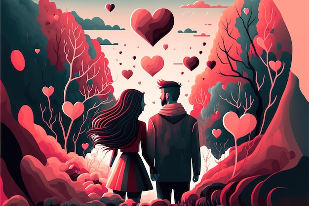 Bannière de la Saint-Valentin romantique jeune couple amoureux dans l'illustration du parc