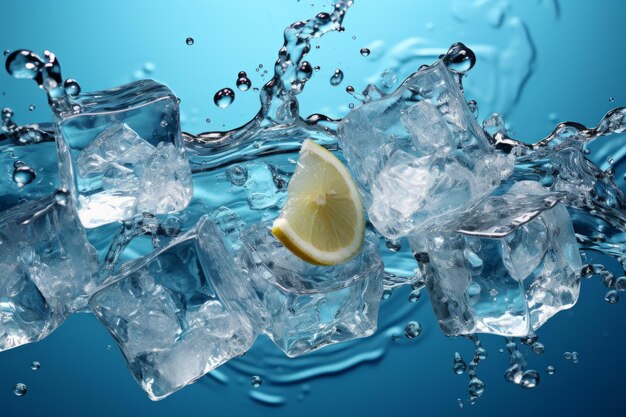 Photo bannière séduisante présentant des cubes de glace immergés dans l'eau sur un fond bleu apaisant ai générative