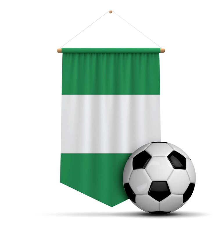 Photo bannière suspendue en tissu drapeau nigérian avec ballon de football rendu 3d