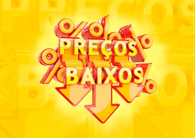 Bannière avec texte PreÃ§os Baixos en portugais brésilien. Rendu 3D de campagnes promotionnelles de timbres du marché de détail brésilien