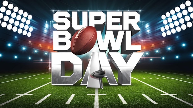 Une bannière avec le texte super bowl jour stade de football rempli de fans