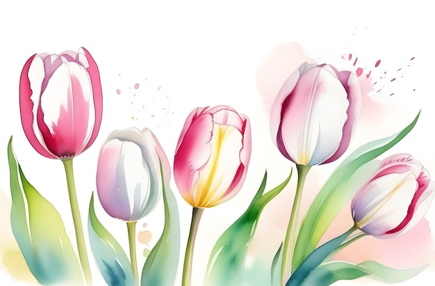 Une bannière avec des tulipes en aquarelle à l'arrière-plan avec des fleurs pour la fête des mères