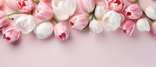 Bannière avec des tulipes de printemps roses et blanches délicates sur un fond rose