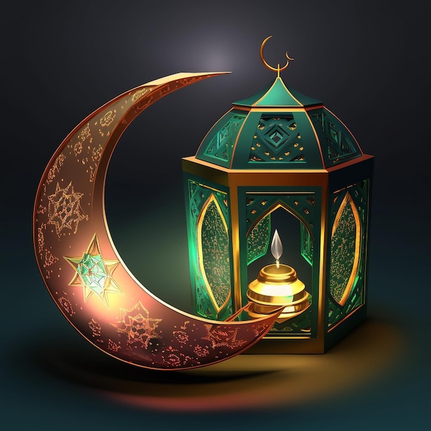 Bannière de vacances du Ramadan islamique avec lune de lanterne rougeoyante et portail de fenêtre de mosquée AI