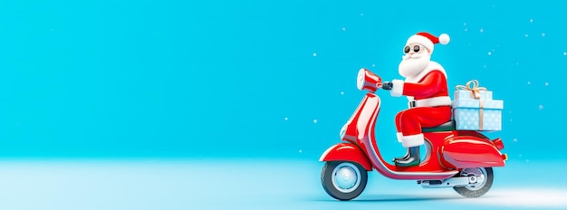 Bannière de vacances d'hiver avec le Père Noël à cheval avec une boîte à cadeaux scooter vintage sur fond bleu