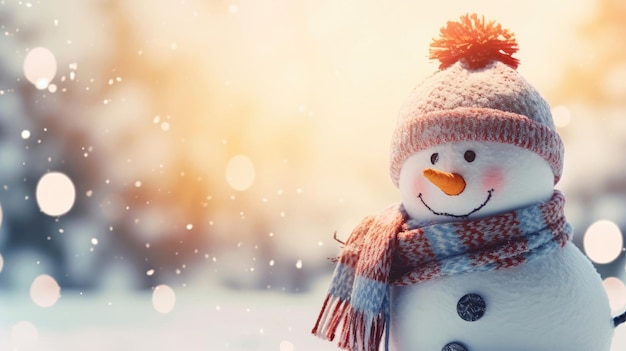 Bannière de vacances de Noël d'un bonhomme de neige souriant drôle avec un chapeau et une écharpe en laine