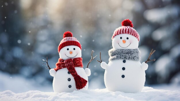 Bannière de vacances de Noël de bonhommes de neige souriants drôles avec chapeau et écharpe en laine