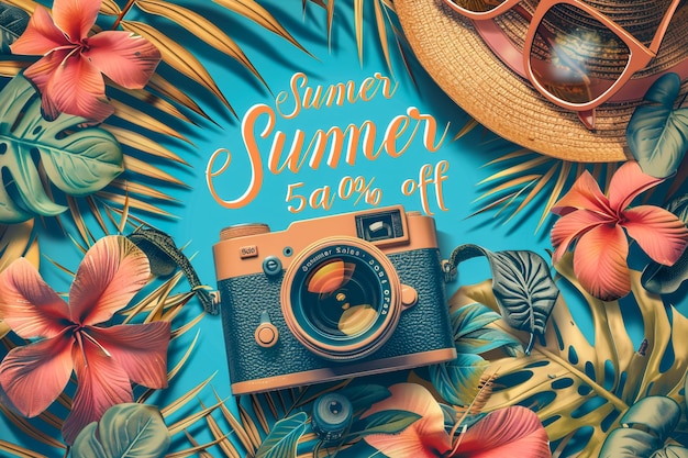 Bannière de vente d'été créative avec des feuilles tropicales de plage chapeau lunettes de soleil caméra et texte Vente d'été 50 off