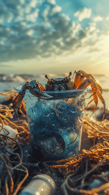 Bannière verticale avec un crabe sur un pot en plastique sur la toile de fond d'un magnifique océan au coucher du soleil