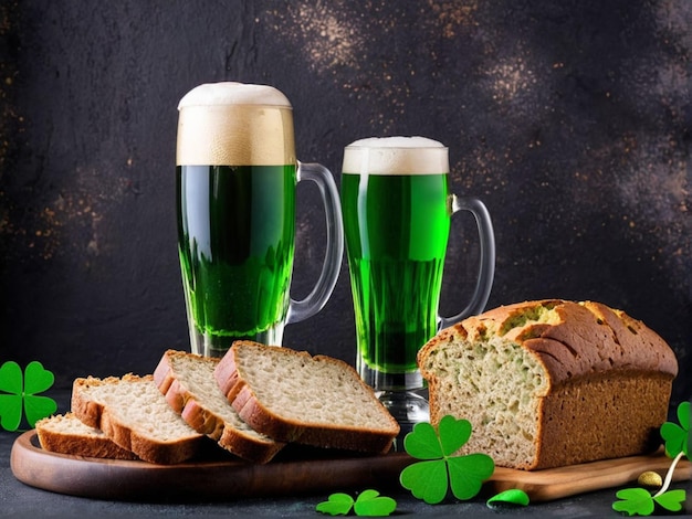 Photo bannière verticale jour de saint-patrick boissons et plats traditionnels bière verte et pain de malt place pour te