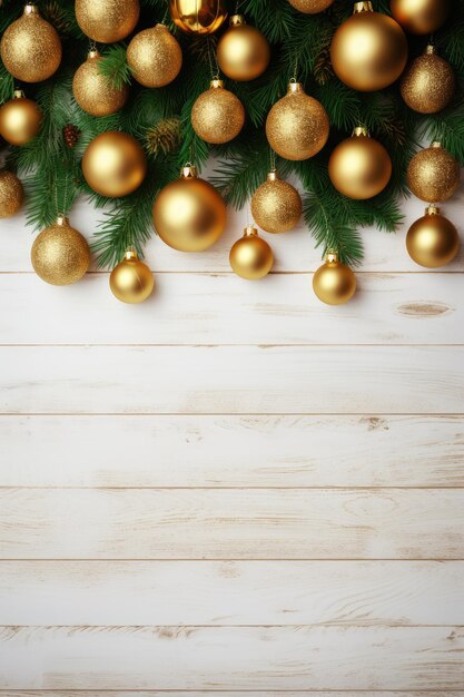 Bannière verticale avec place pour le texte Fond en bois clair avec branches de sapin et boules dorées sur le dessus Nouvel An ou Noël